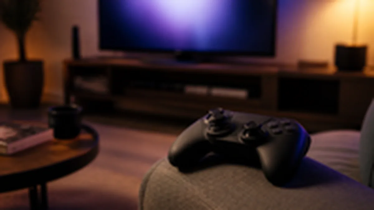 PlayStation controller resting next to a television showing a game library menu